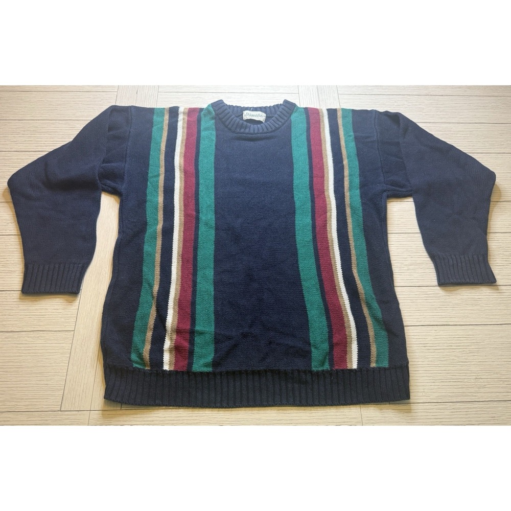 St Johns‎ Bay Vintage Knit Sweater Mens L Navy Blue Striped Long Sleeve 90s